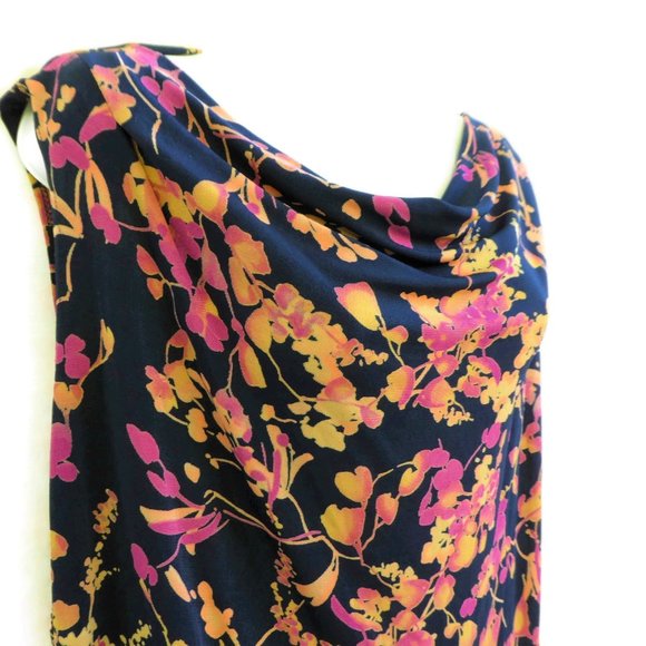 Vintage Tops - Vintage Jolie Femme USA Draped Neck Floral Top Sleeveless Black Orange Pink XL